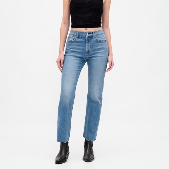 GAP Mid-Wash Medium Indigo High Rise Straight Raw Hem Cropped Jeans size 31 r - Picture 1 of 9